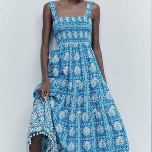 Zara Blue Printed Maxi Dress with Pom Poms